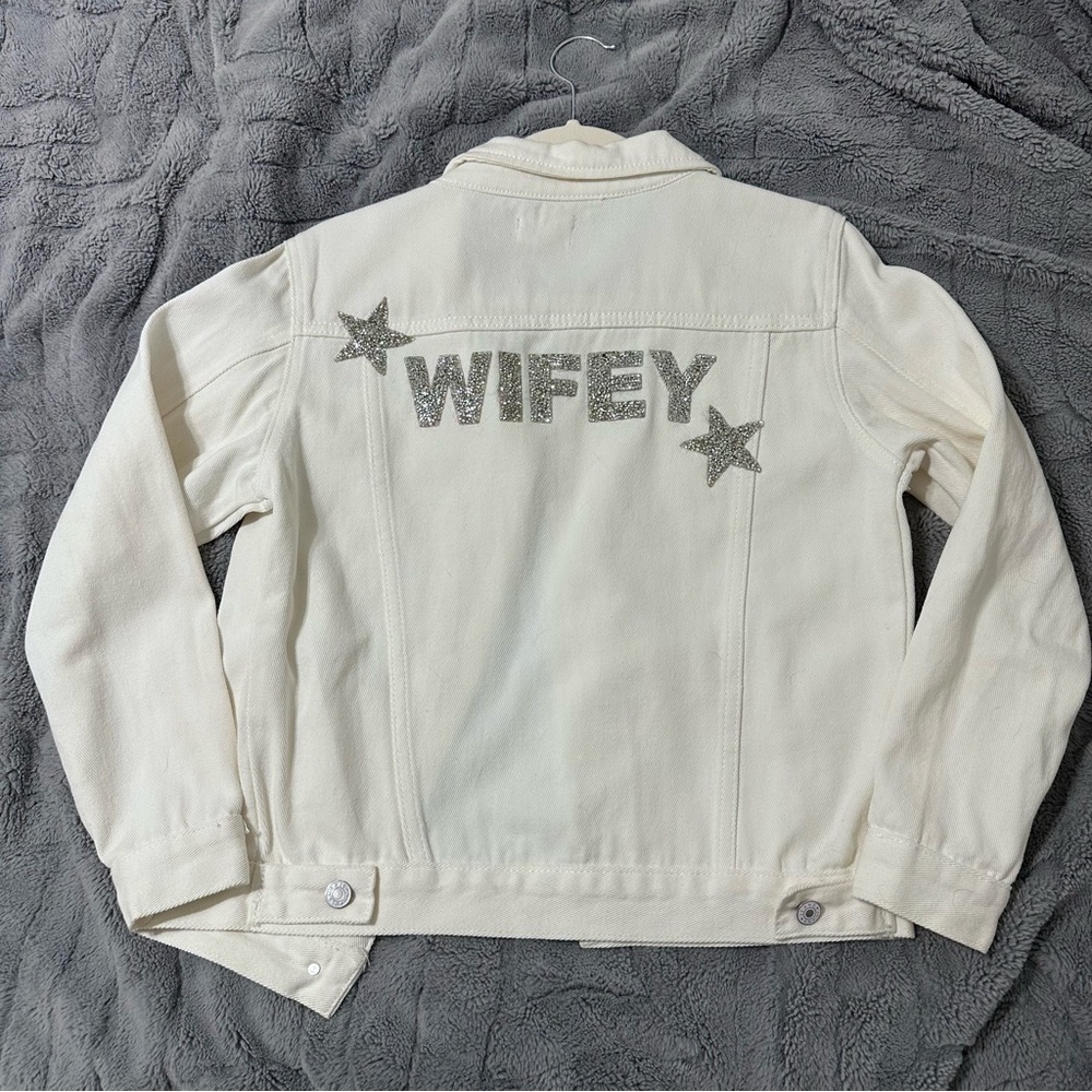 Bedazzled Wifey Women's White Denim Jacket